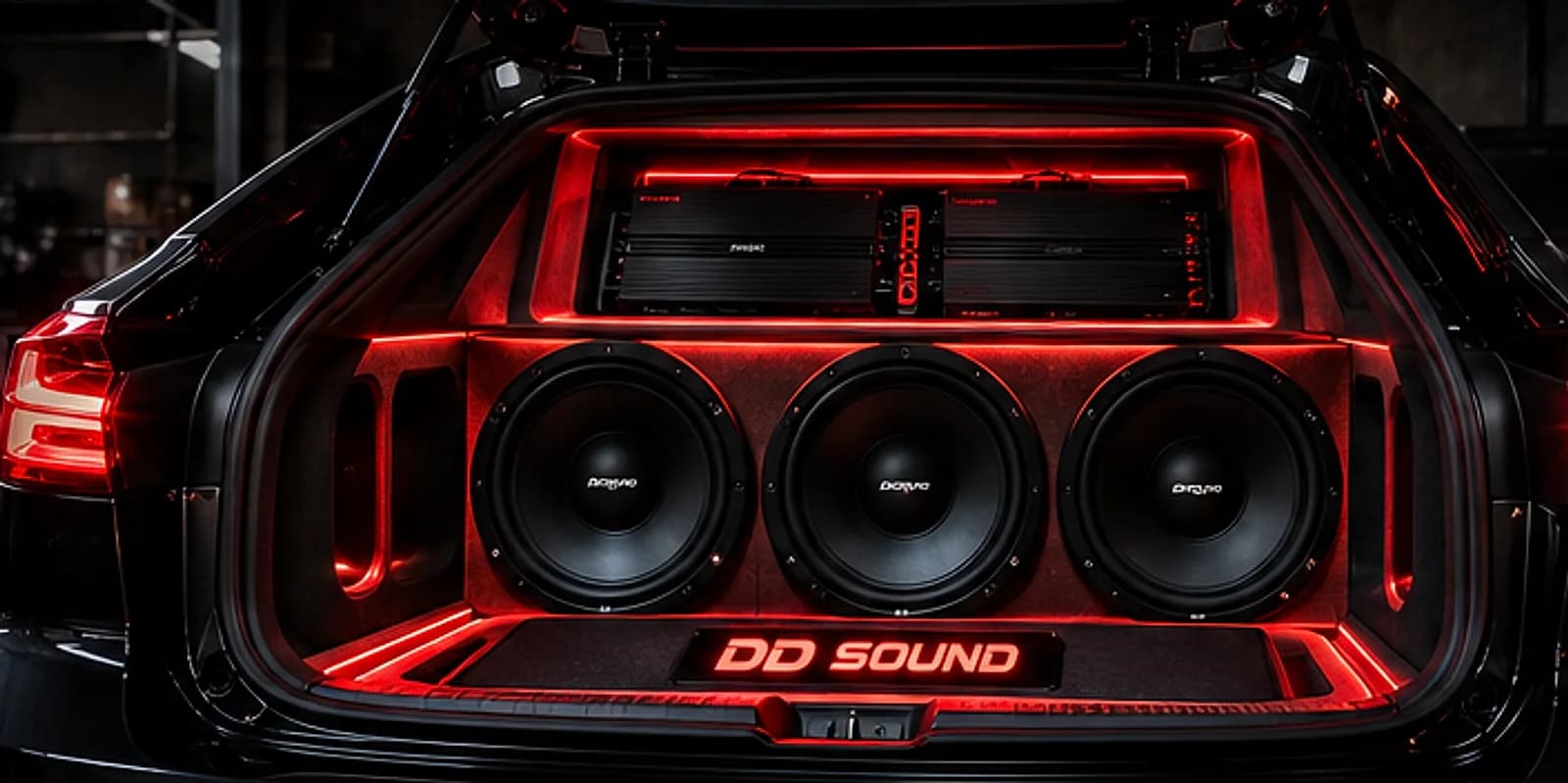 Açık bagajında üç subwoofer ve amfilerden oluşan DD SOUND özel ses sistemi kurulu bir araç